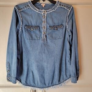 Reba Denim Metal Embellishments Frayed Hem Western Style Long Sleeve Blouse